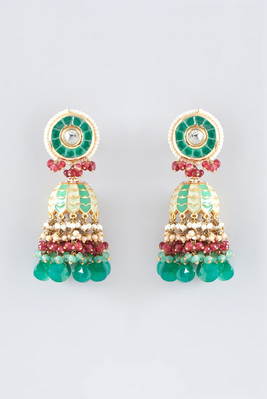 Gold Finish Synthetic Emerald Stone Meenakari Dangler Earrings