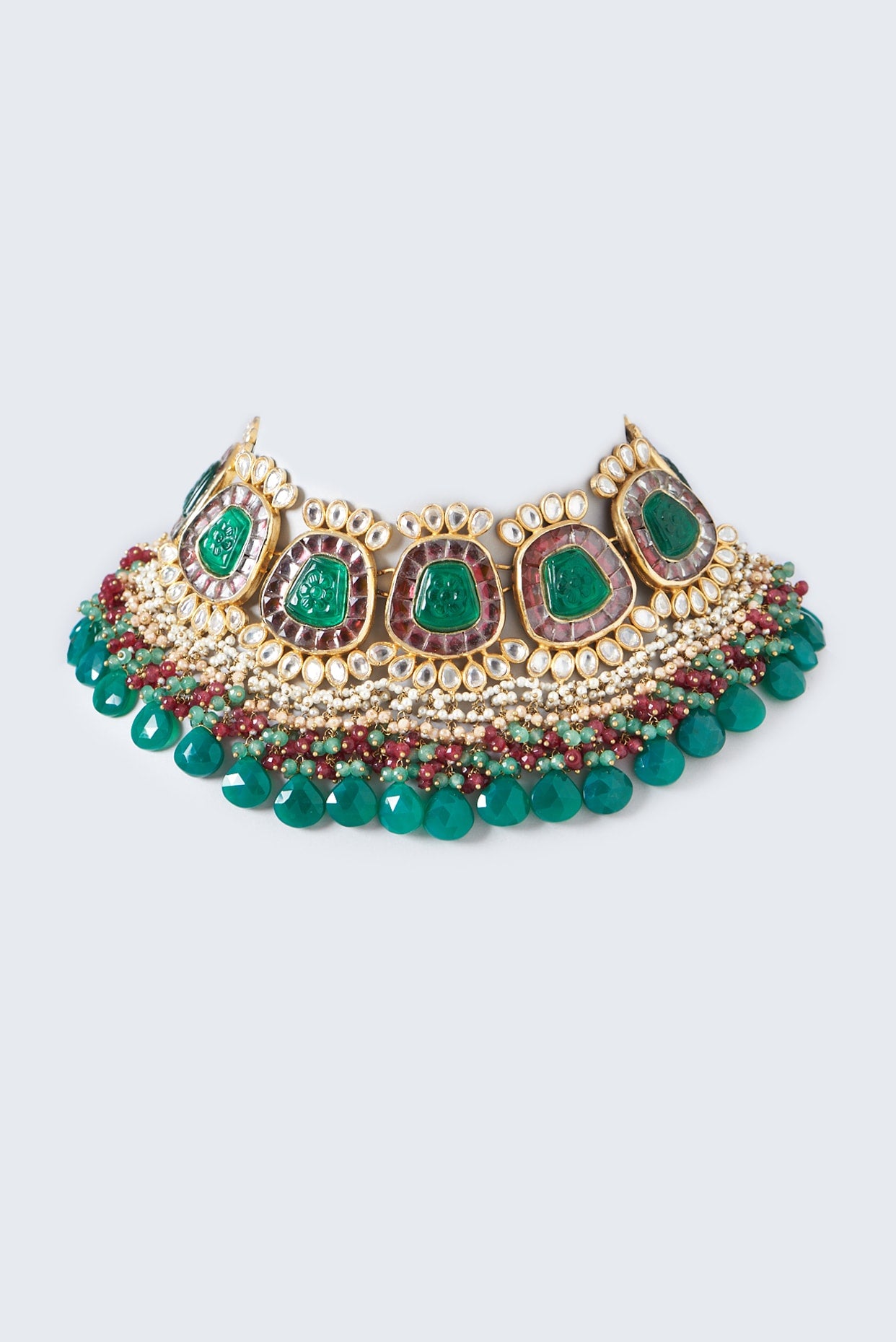 Gold Finish Synthetic Emerald Stone Meenakari Choker Necklace