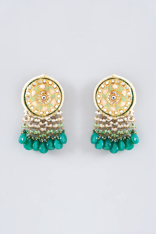 Gold Finish Synthetic Emerald Stone Meenakari Dangler Earrings