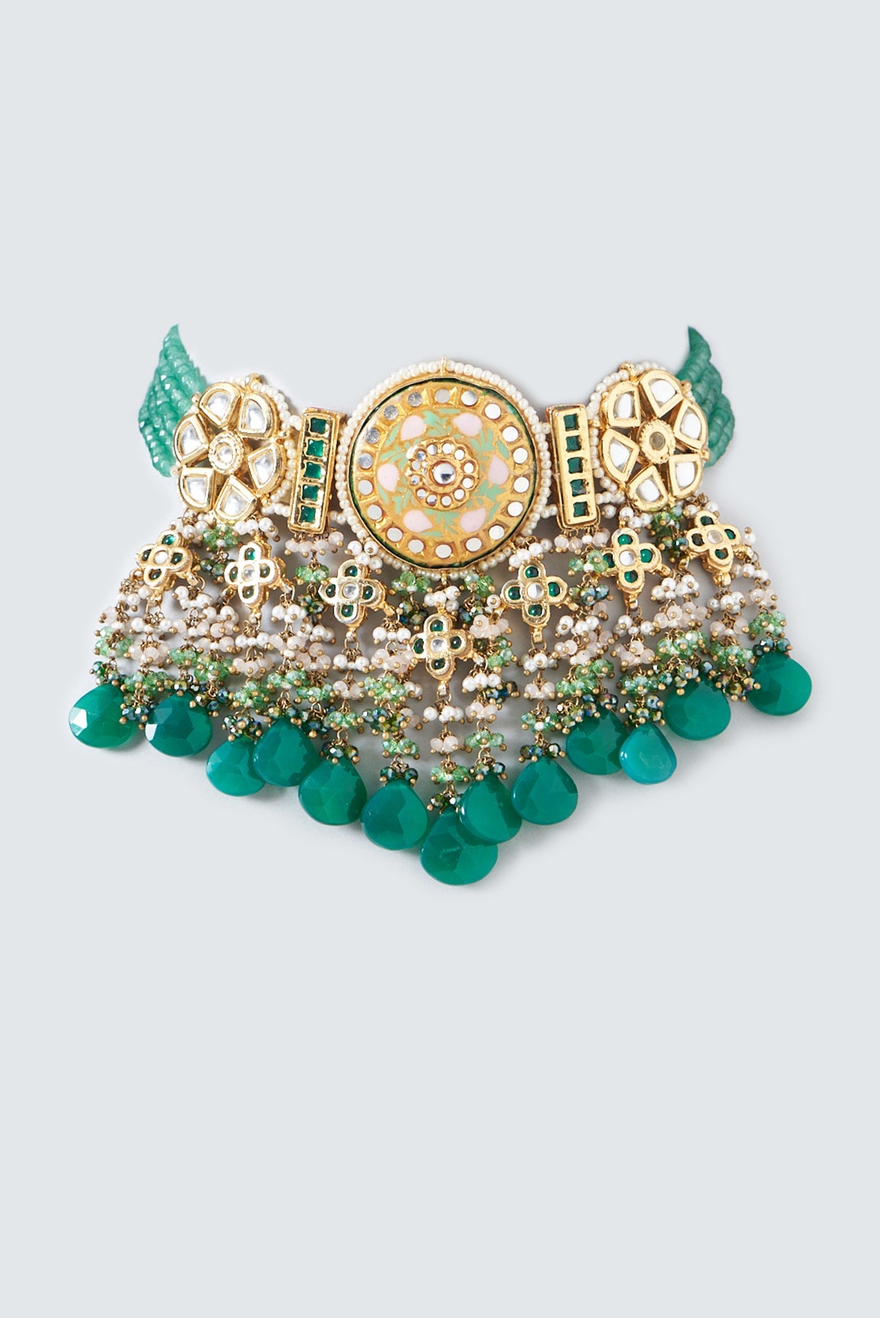 Gold Finish Synthetic Emerald Stone Meenakari Choker Necklace