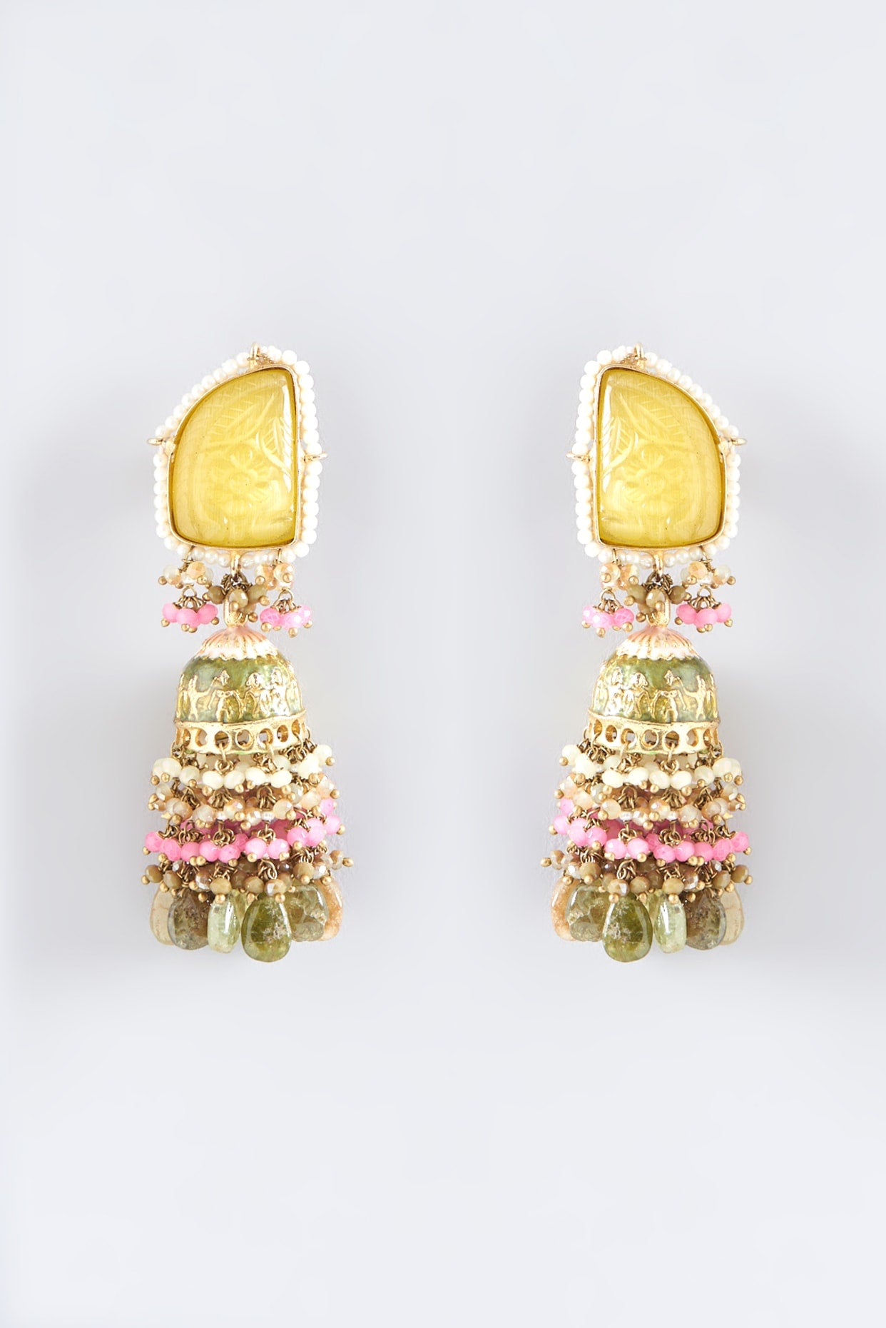 Gold Finish Synthetic Yellow Stone Meenakari Dangler Earrings