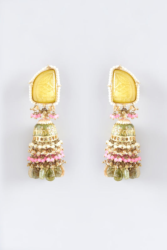 Gold Finish Synthetic Yellow Stone Meenakari Dangler Earrings