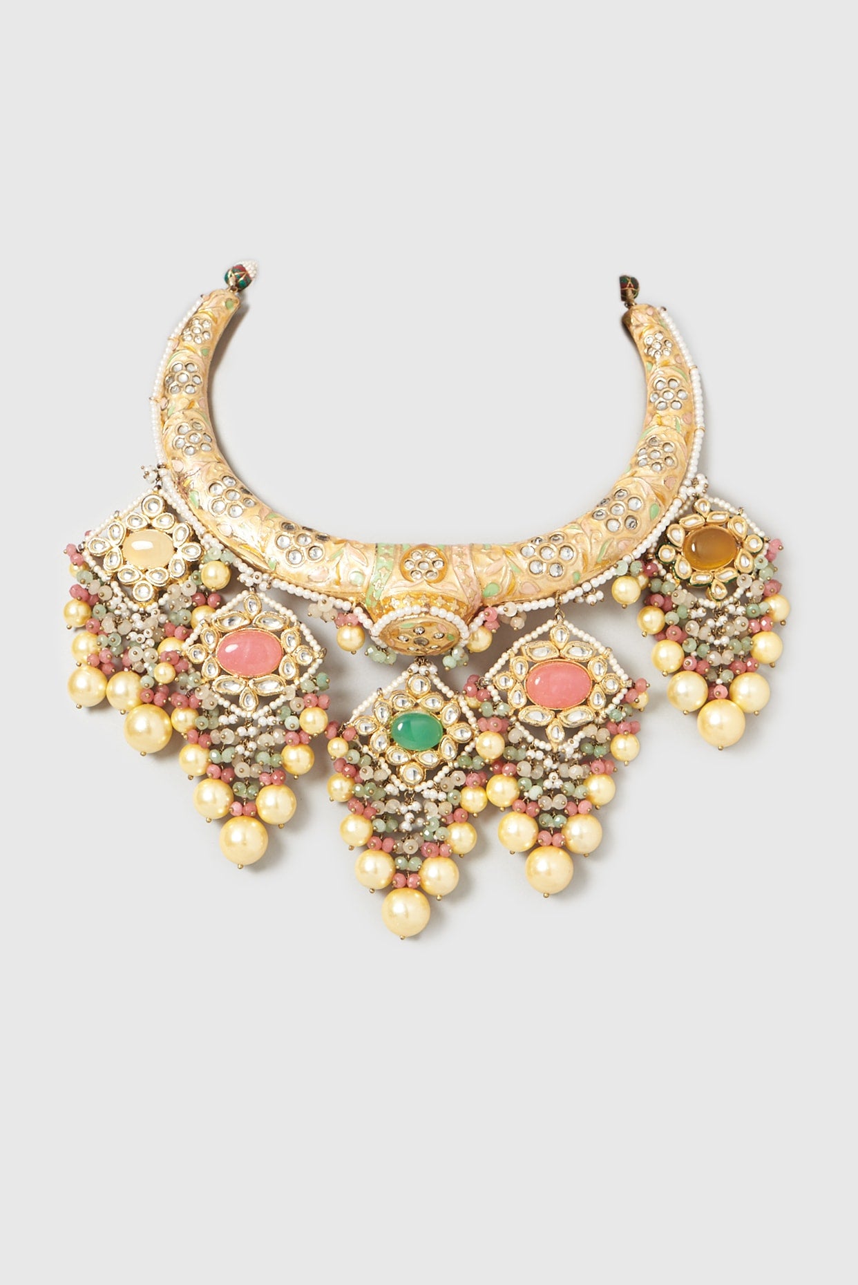 Gold Finish Kundan Polki & Multi-Colored Carved Stone Enamelled Necklace