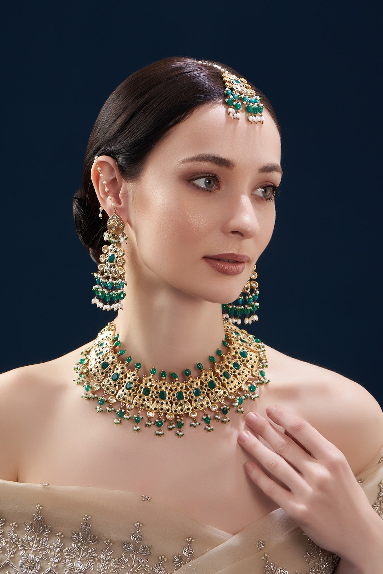 Gold Finish Kundan Polki & Emerald Stone Choker Necklace Set