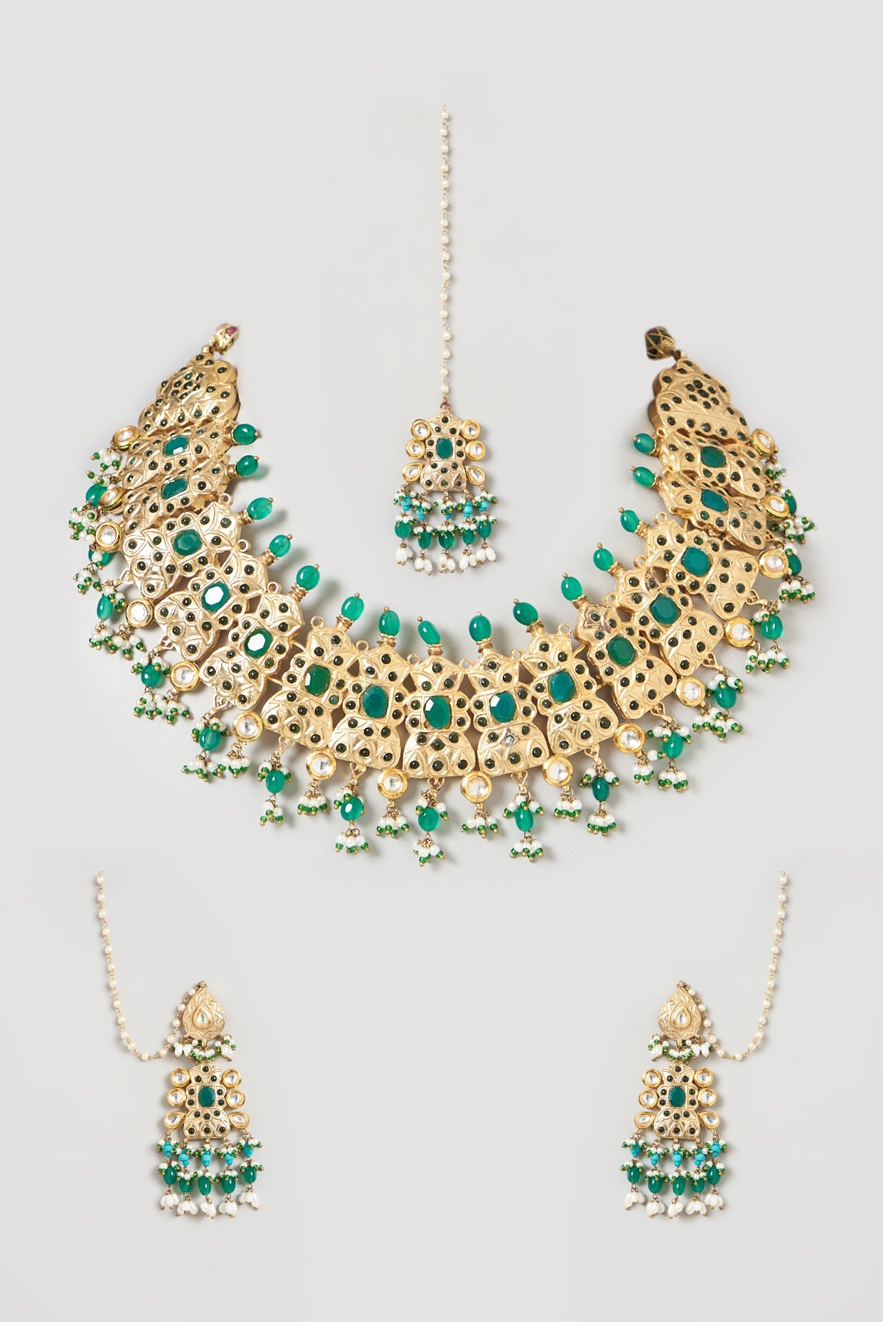 Gold Finish Kundan Polki & Emerald Stone Choker Necklace Set