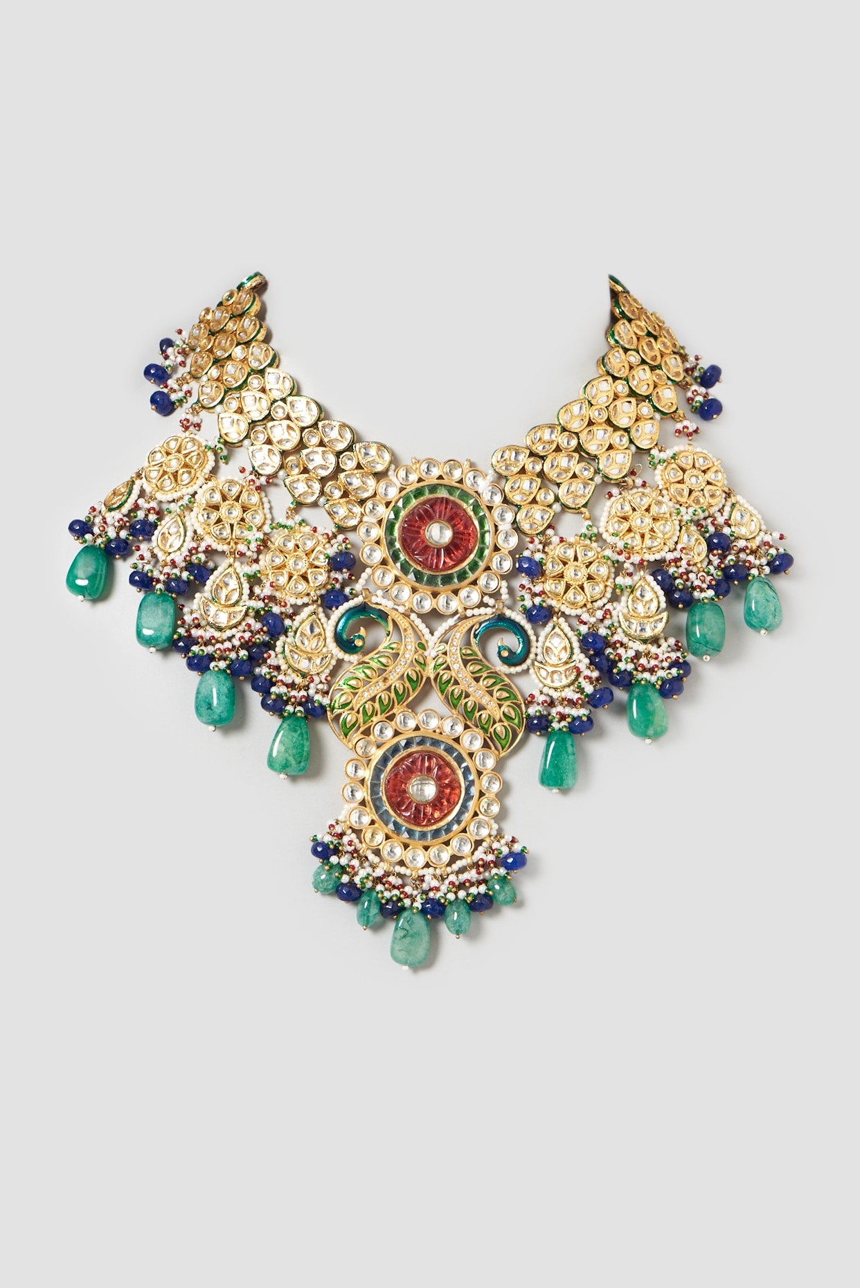 Gold Finish Kundan Polki & Carved Ruby Stone Enamelled Choker Necklace