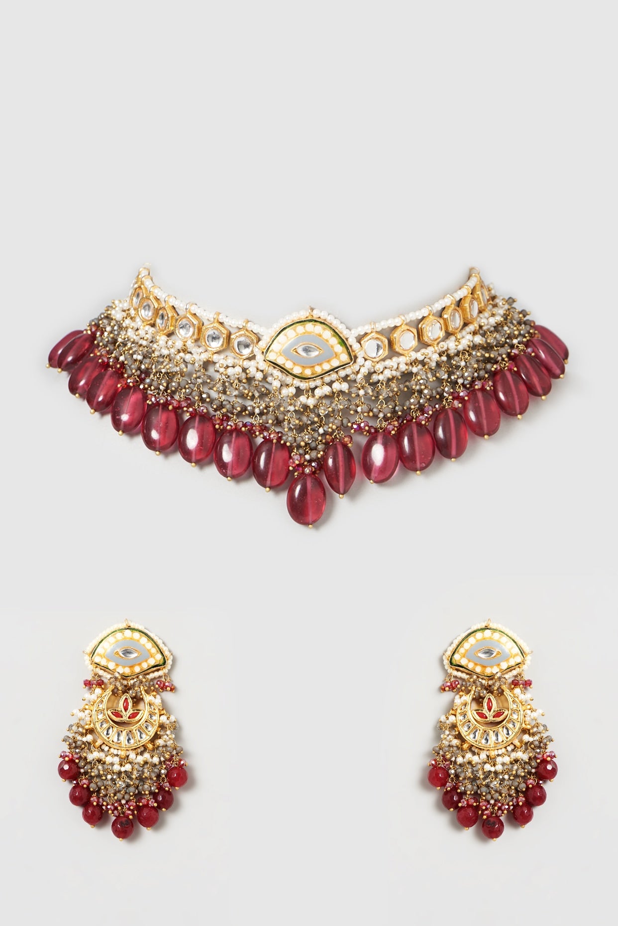 Gold Finish Kundan Polki & Natural Ruby Stone Enamelled Choker Necklace Set