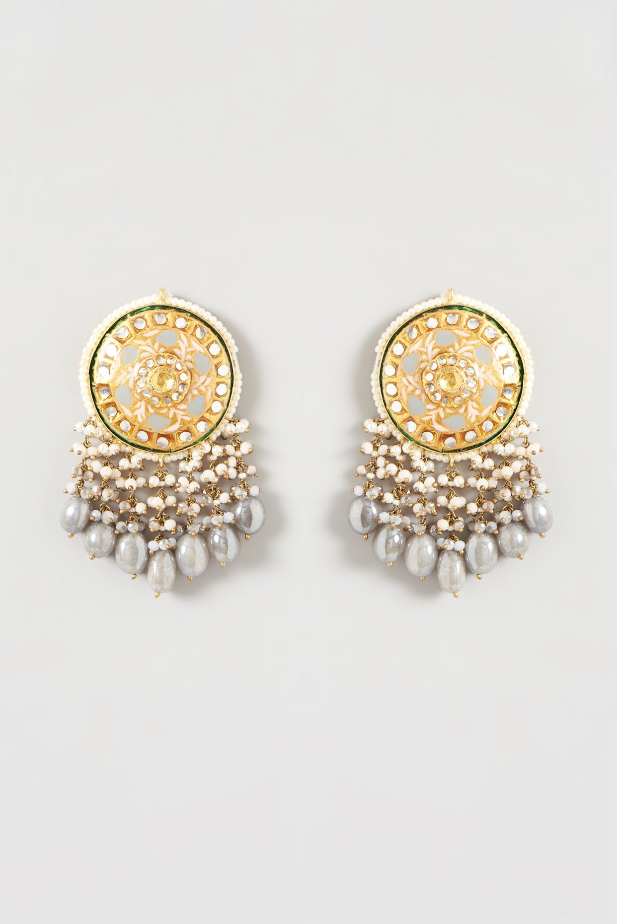 Gold Finish Grey Moonstone Meenakari Chandelier Earrings