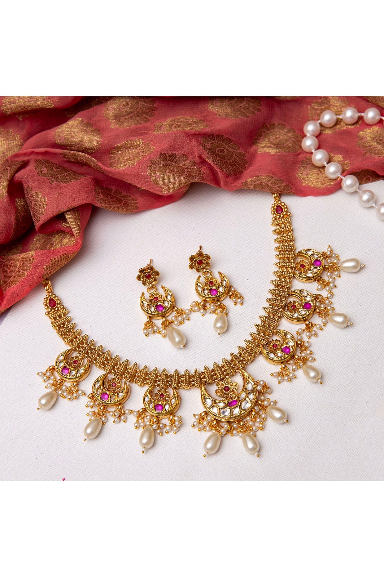 Gold Finish Kundan Polki Necklace Set