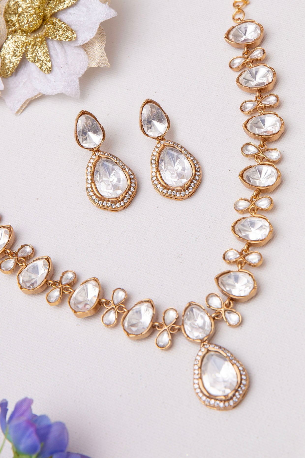 Rose Gold Finish Kundan Polki Necklace Set