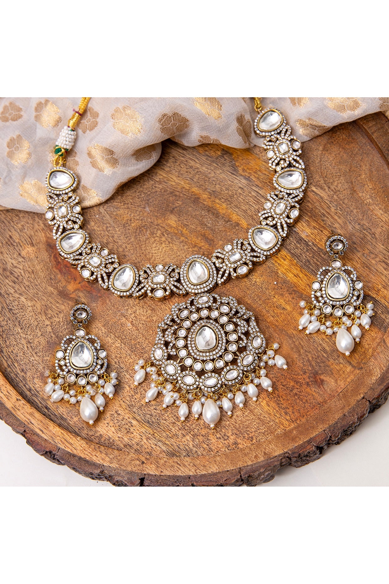 Gold-Victorian Finish Kundan Polki Necklace Set