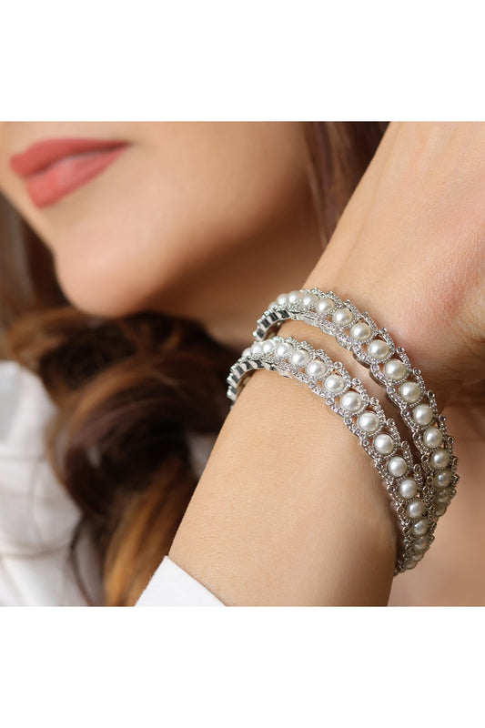 Silver Finish Pearl & CZ Stone Handcrafted Bangles (Set Of 2)