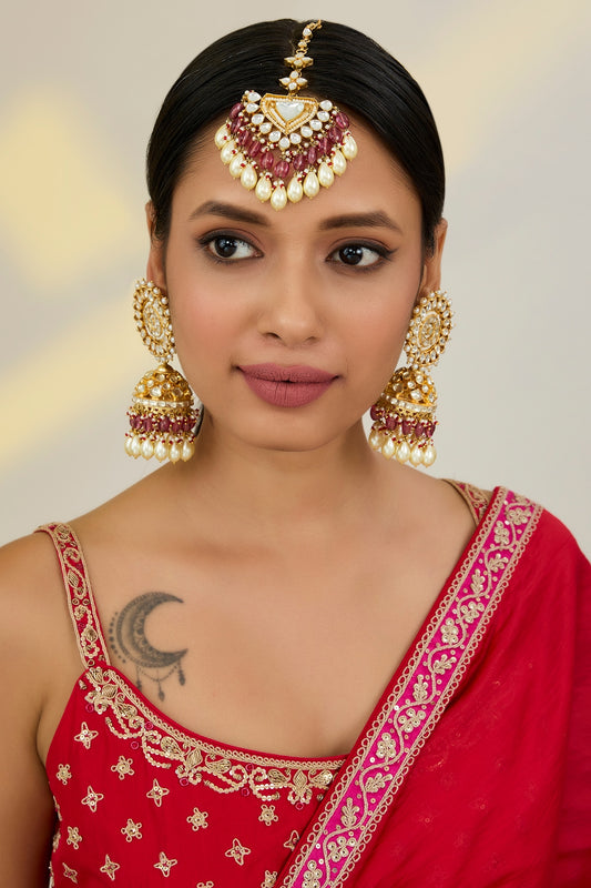 Gold Finish Kundan Polki & Pink Beaded Jhumka Earrings With Maangtikka