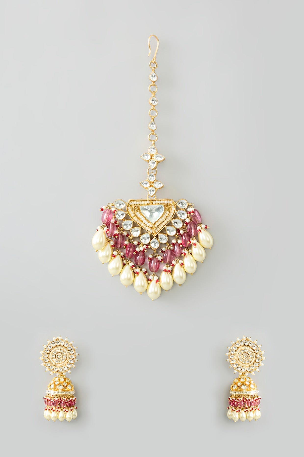 Gold Finish Kundan Polki & Pink Beaded Jhumka Earrings With Maangtikka