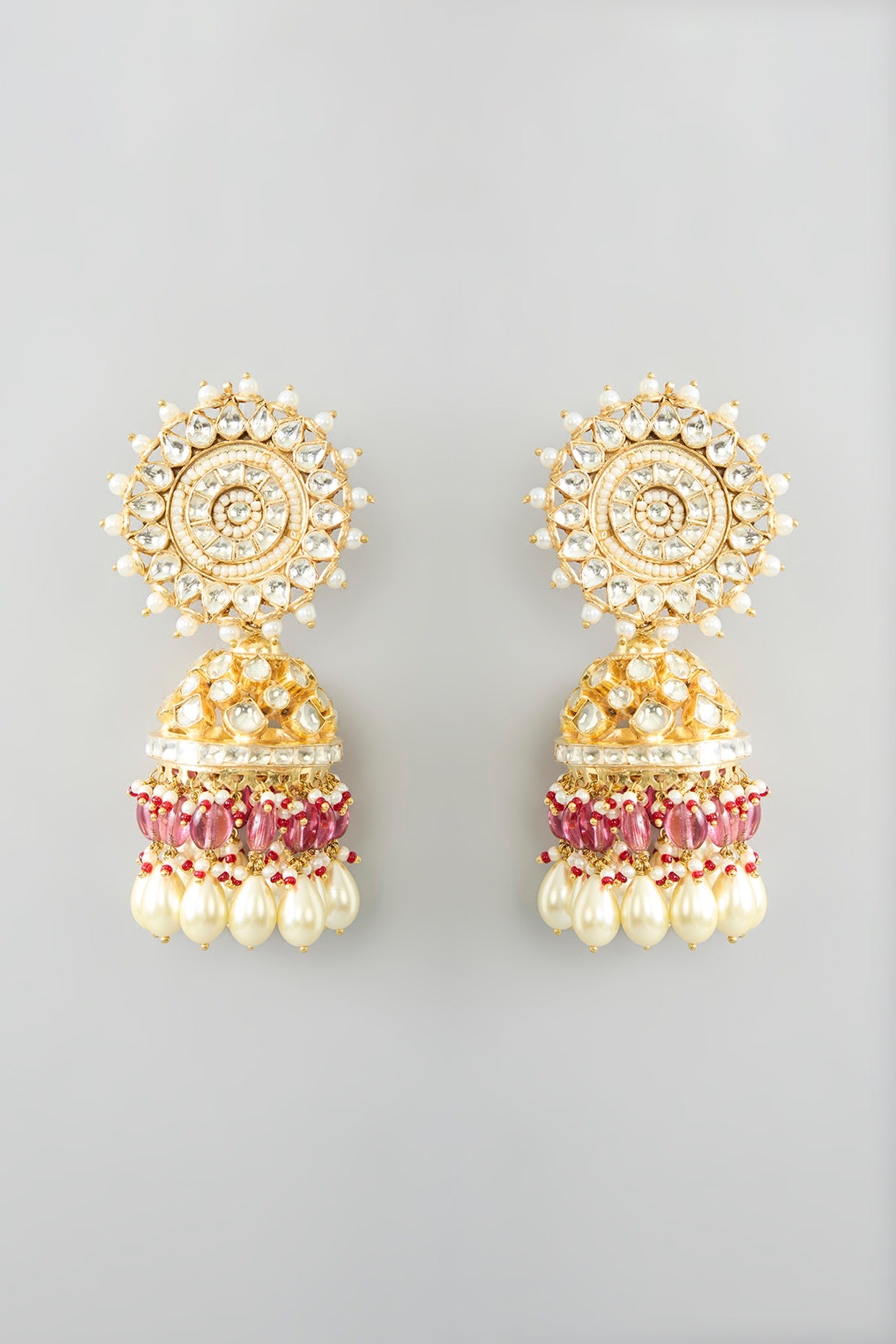 Gold Finish Kundan Polki & Pink Beaded Jhumka Earrings With Maangtikka