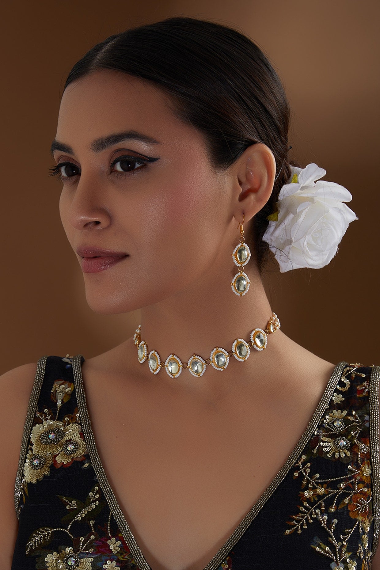 Gold Finish Kundan Polki Choker Necklace Set