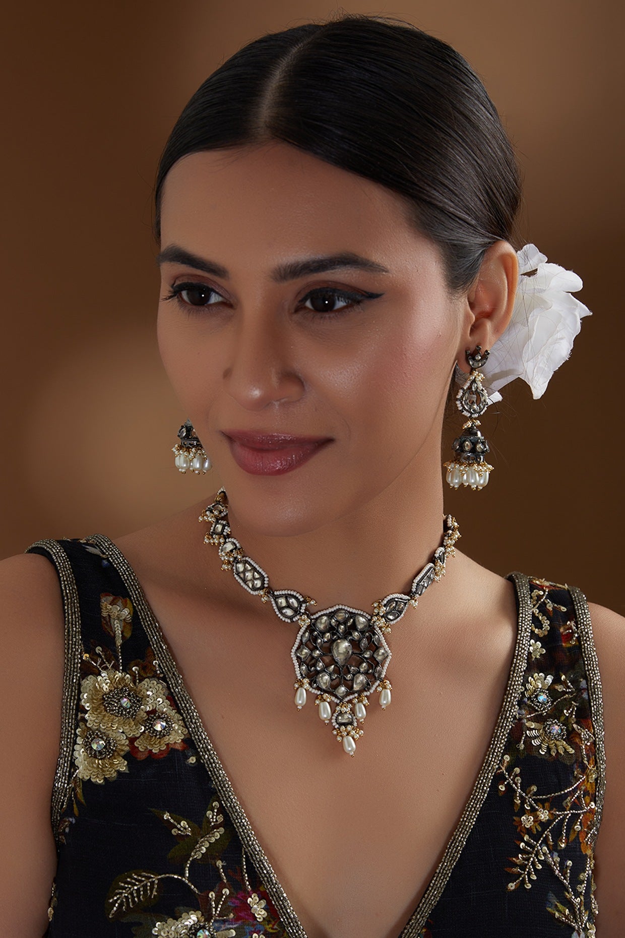 Black Rhodium Finish Kundan Polki & Pearl Beaded Choker Necklace Set