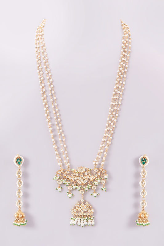 Gold Finish Kundan Polki & Pearl String Long Necklace Set