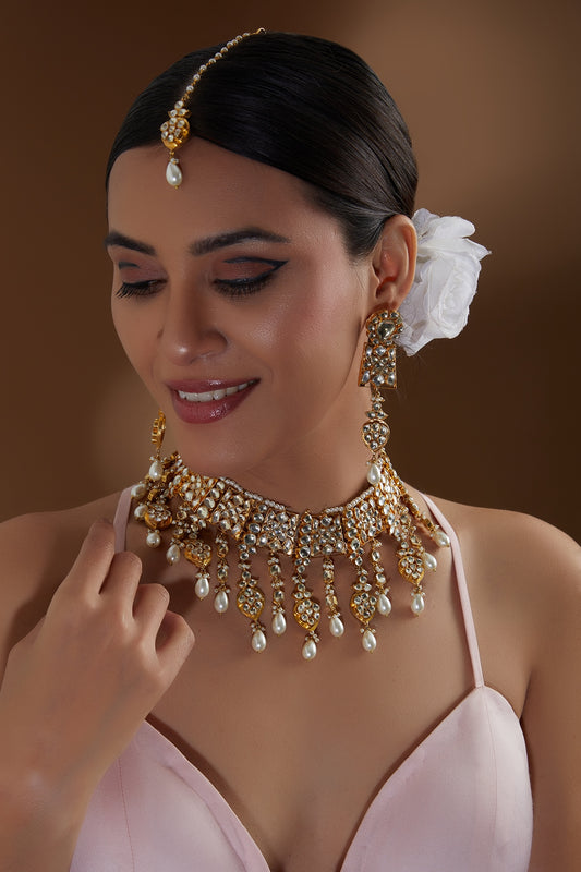 Gold Finish Kundan Polki & Pearl Drop Necklace Set