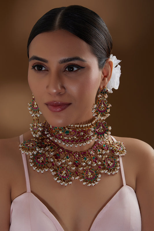 Gold Finish Multi-colored Kundan Polki & Pearl Beaded Choker Necklace Set