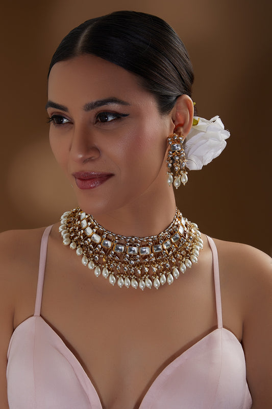 Gold Finish Kundan Polki & Pearl Beaded Necklace Set