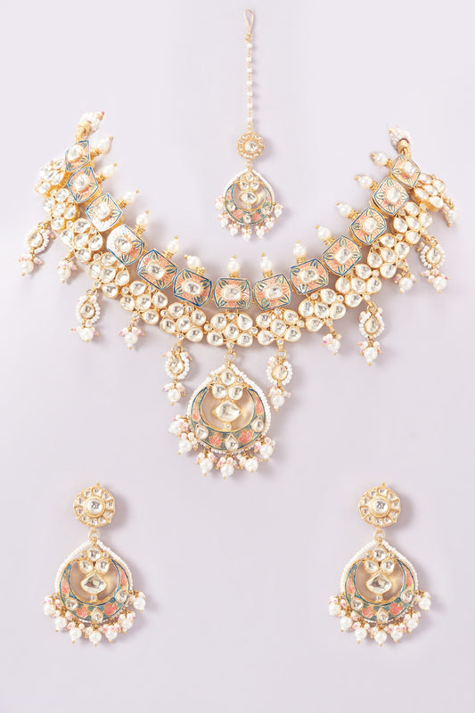 Gold Finish Kundan Polki & Pearl Beaded Enameled Necklace Set