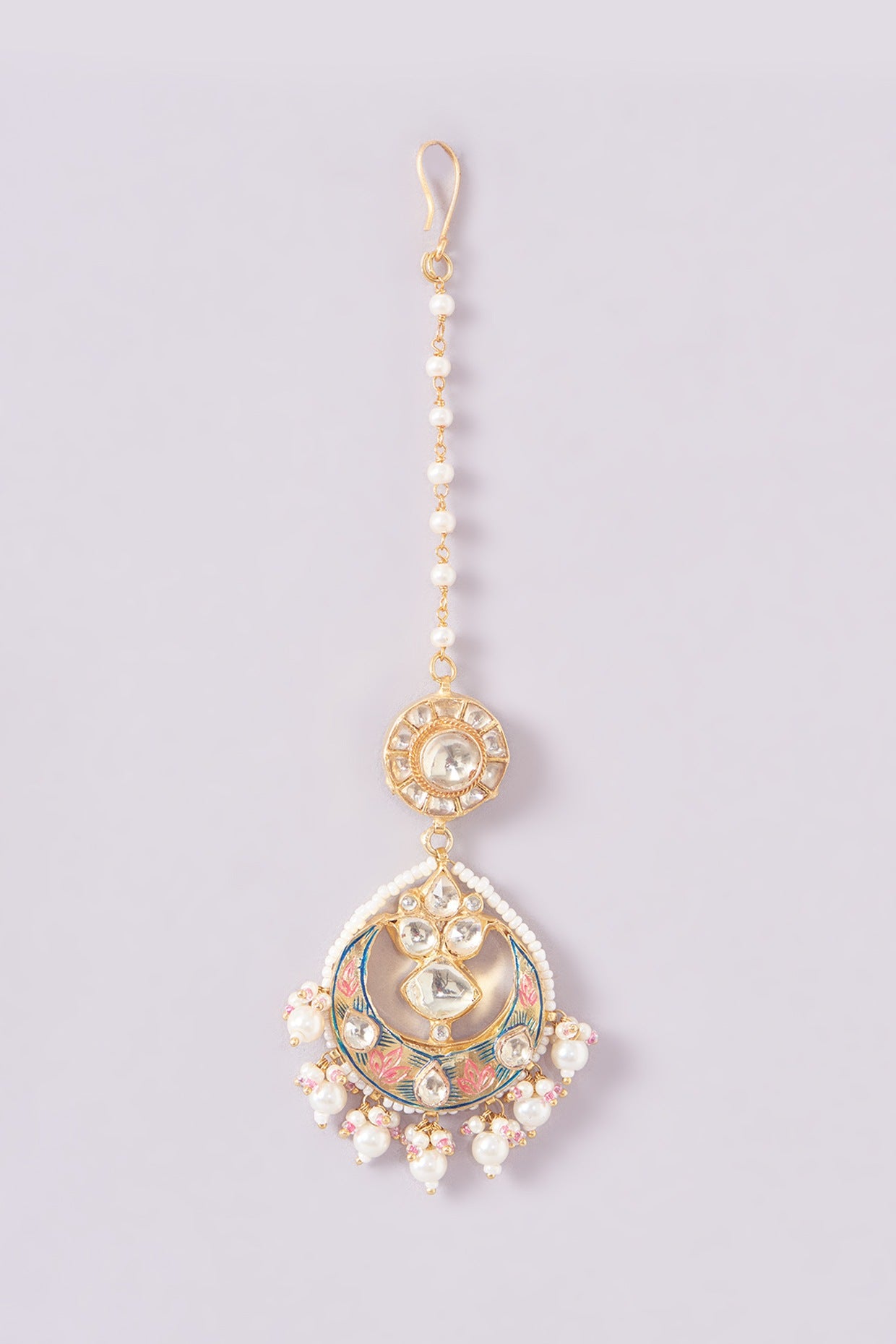 Gold Finish Kundan Polki & Pearl Beaded Enameled Necklace Set