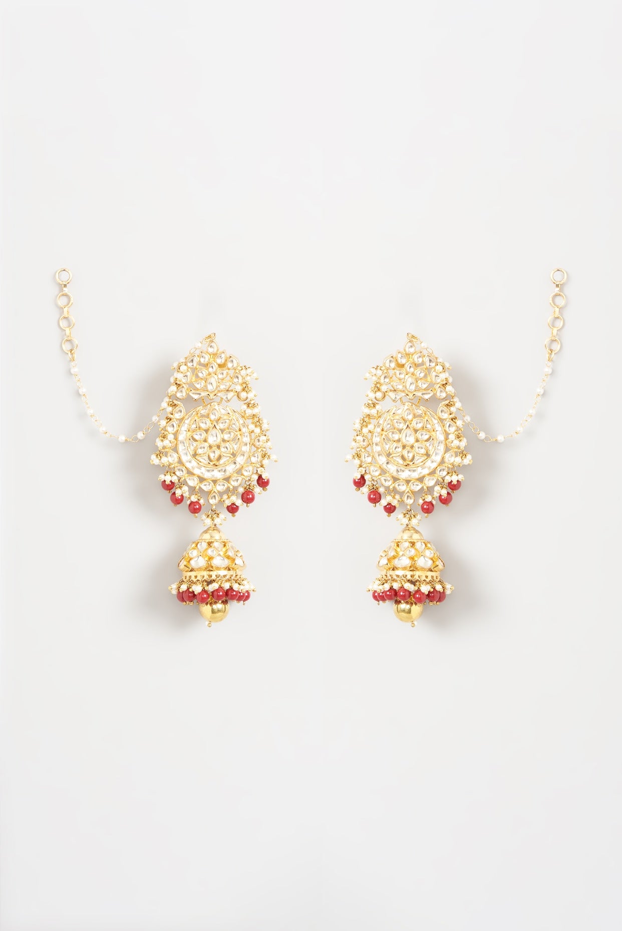 Gold Finish Red Beaded Jhumka Earrings