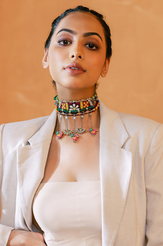 Multi-Colored Embroidered Choker Necklace