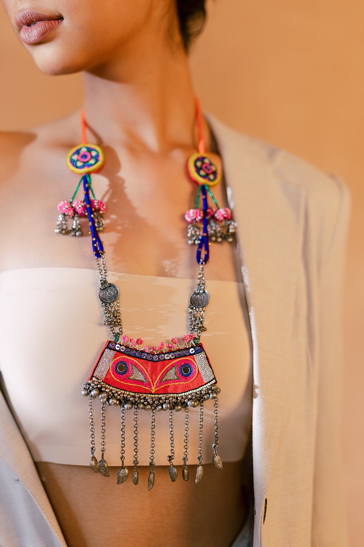 Multi-Colored Embroidered Long Necklace