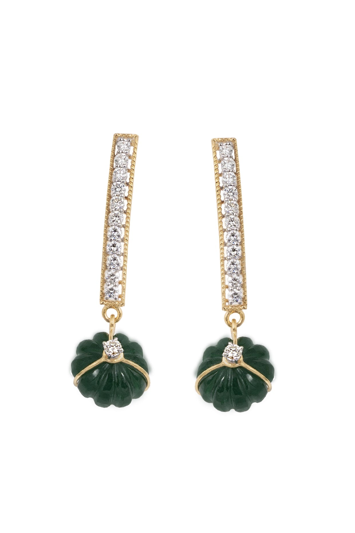 14kt Two-Tone Finish Carved Green Stone & Diamond Dangler Earrings