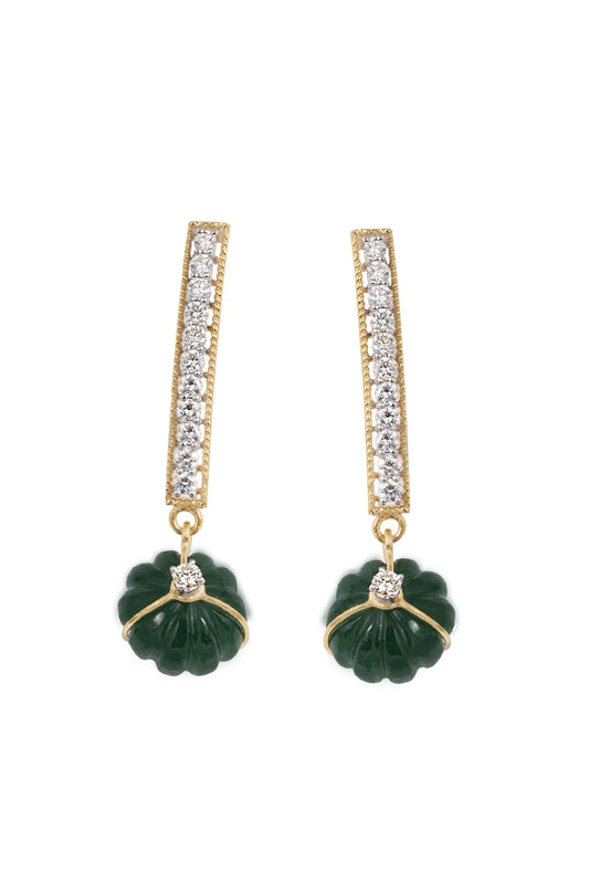 14kt Two-Tone Finish Carved Green Stone & Diamond Dangler Earrings