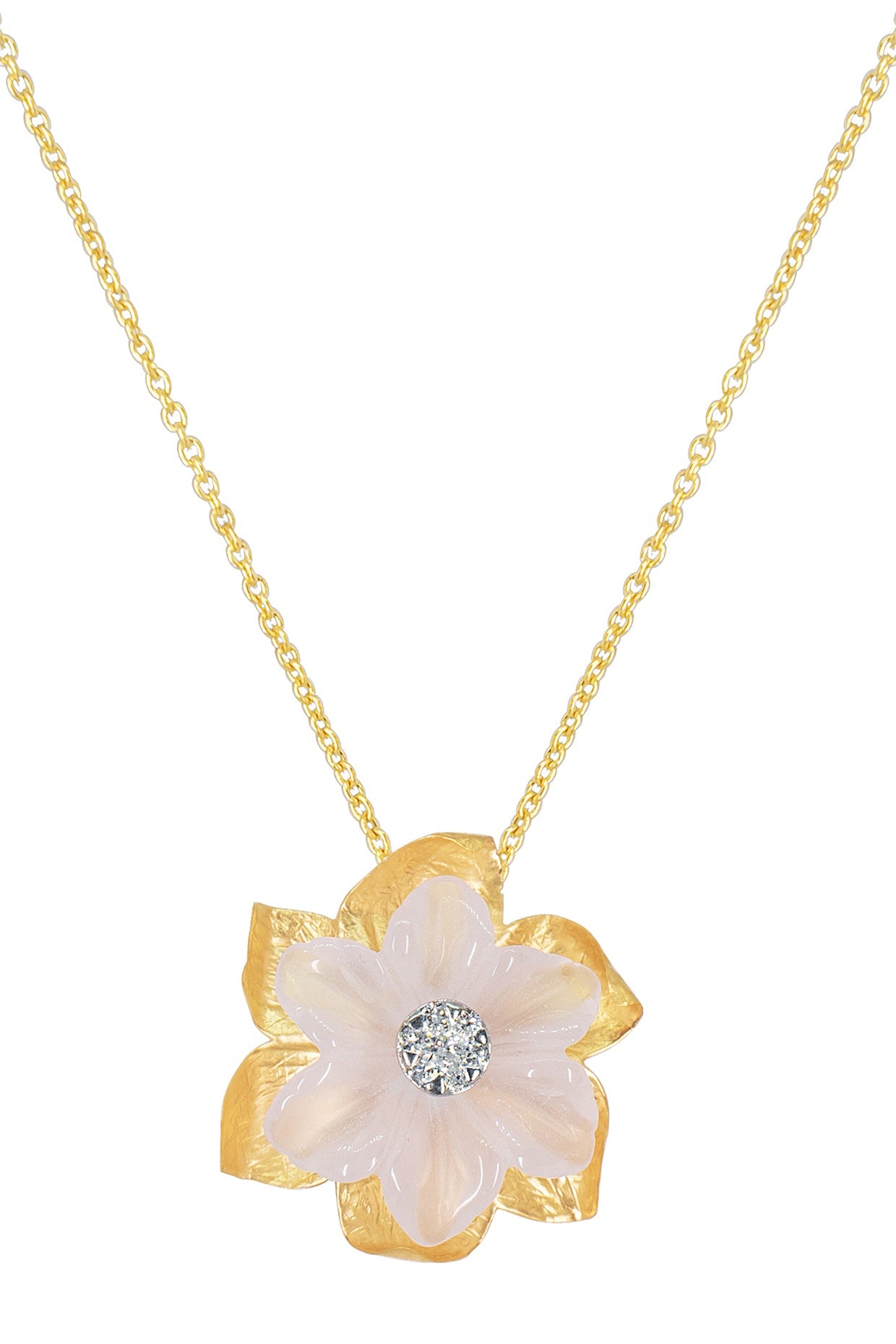 14kt Two-Tone Finish Rose Quartz & Diamond Pendant Necklace