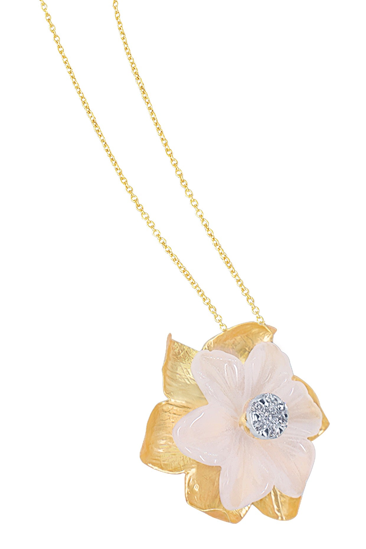 14kt Two-Tone Finish Rose Quartz & Diamond Pendant Necklace