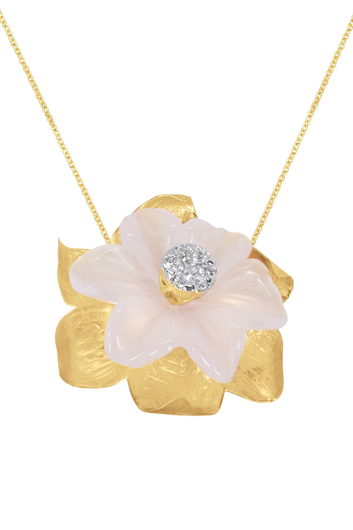 14kt Two-Tone Finish Rose Quartz & Diamond Pendant Necklace