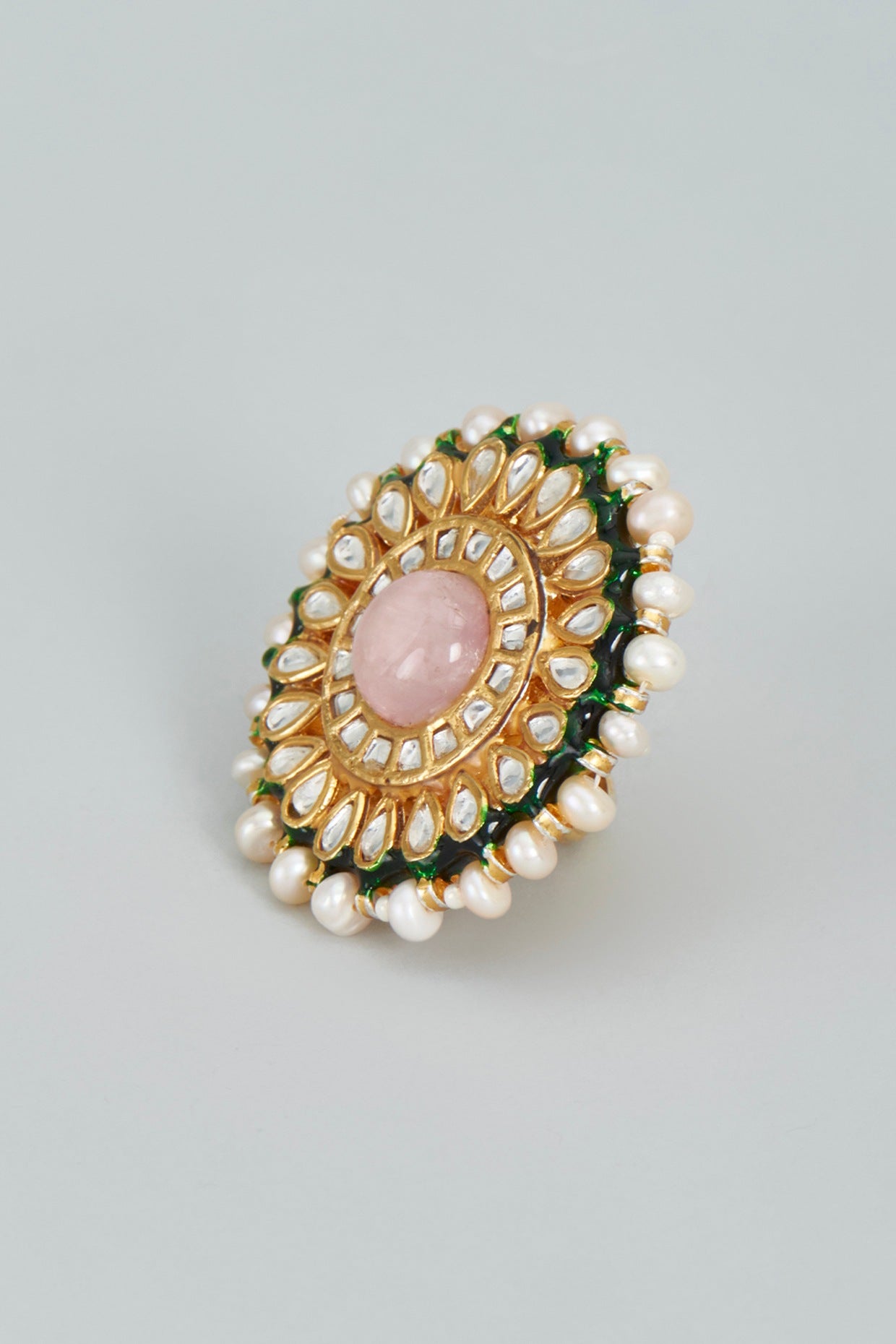 Gold Finish Kundan Meenakari Ring In Sterling Silver