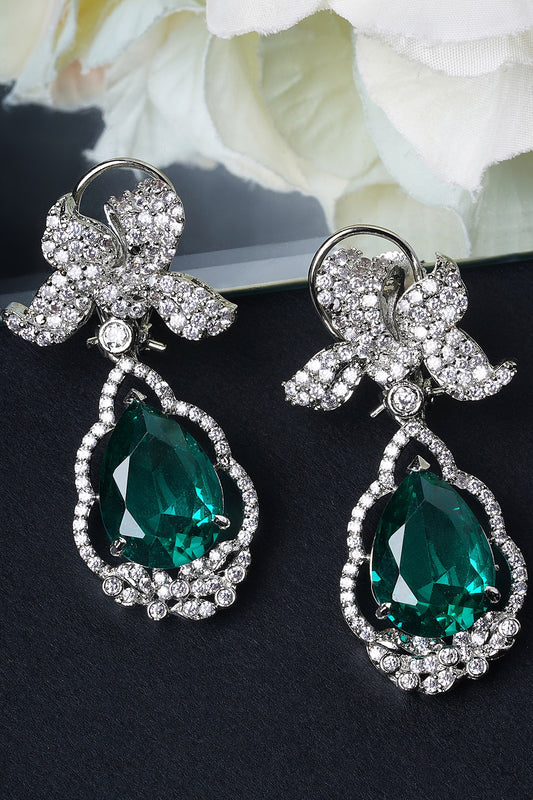 White Finish Emerald & Zircon Stud Earrings