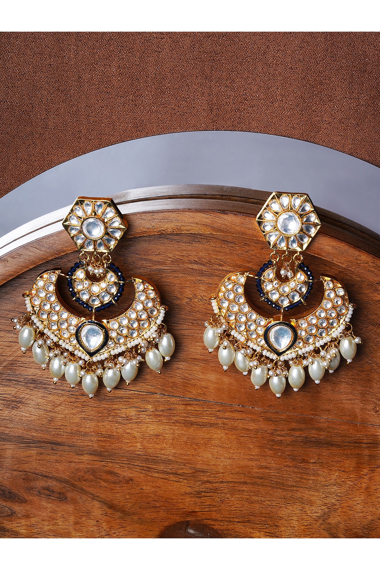 Gold Finish Dark Blue Stone & Kundan Polki Chandbali Earrings
