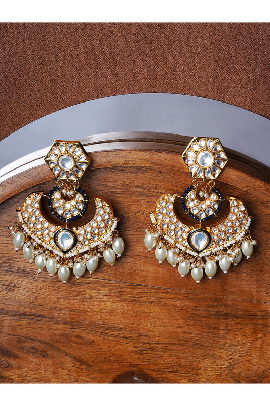 Gold Finish Dark Blue Stone & Kundan Polki Chandbali Earrings