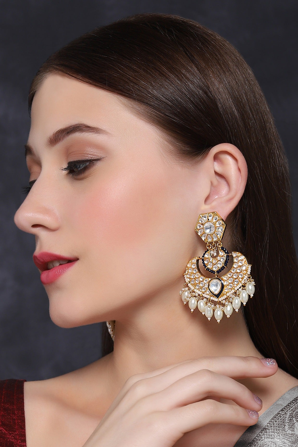 Gold Finish Dark Blue Stone & Kundan Polki Chandbali Earrings