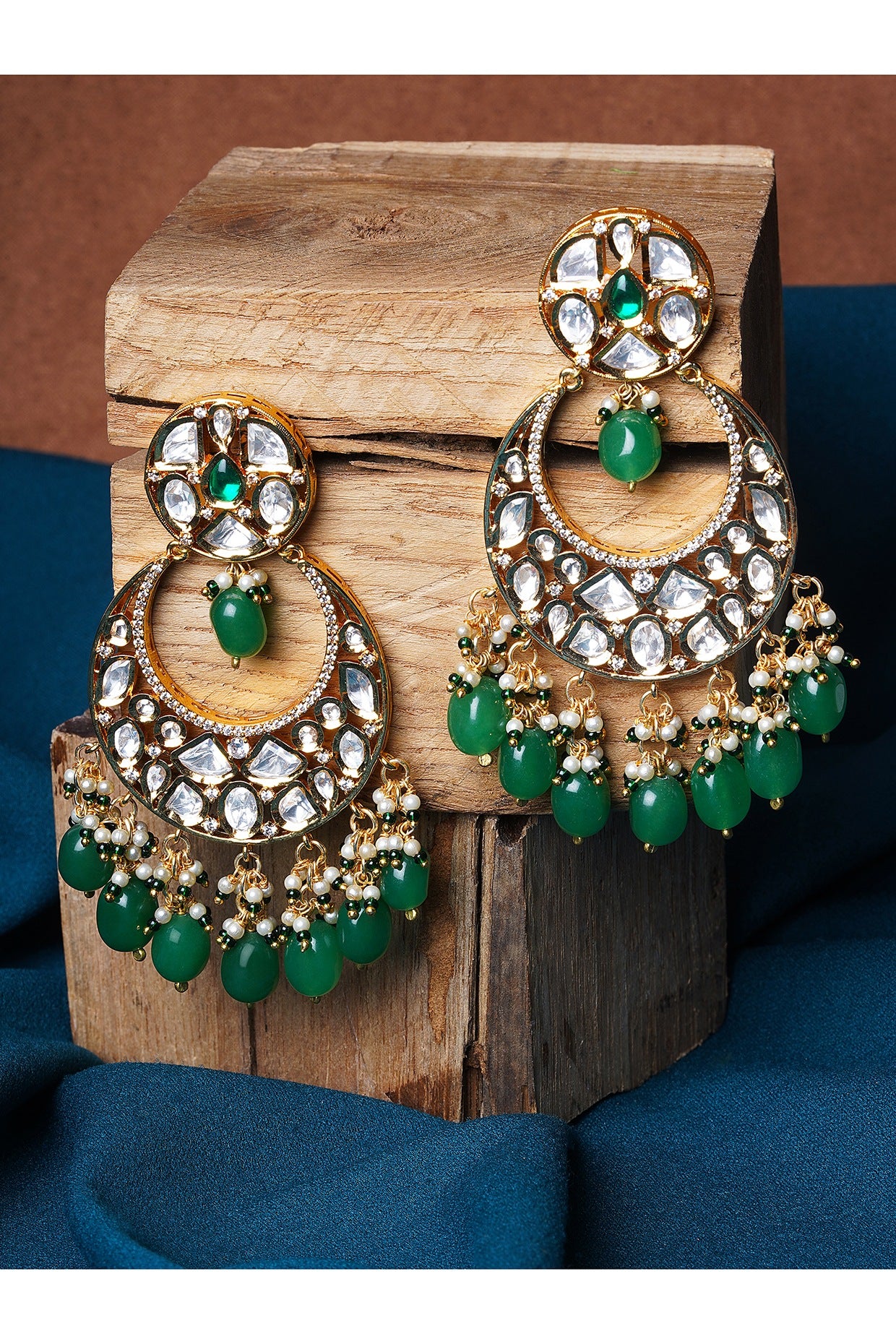 Gold Finish Emerald & Kundan Polki Chandbali Earrings