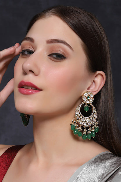 Gold Finish Emerald & Kundan Polki Chandbali Earrings