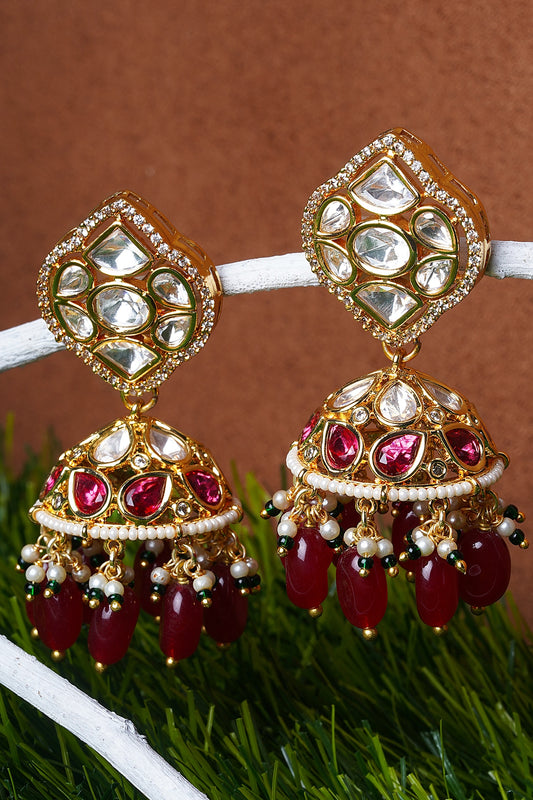 Gold Finish Ruby & Kundan Polki Chandbali Earrings