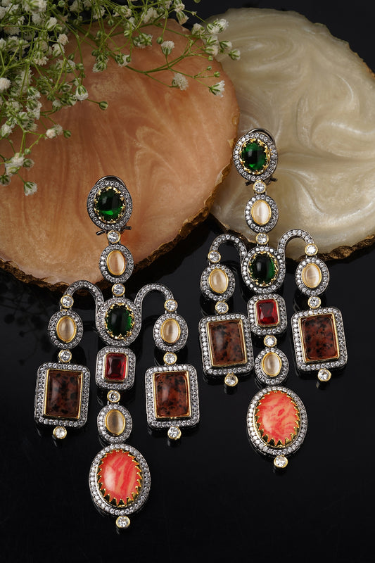 White Finish Multi-Colored Semi-Precious Stone Dangler Earrings