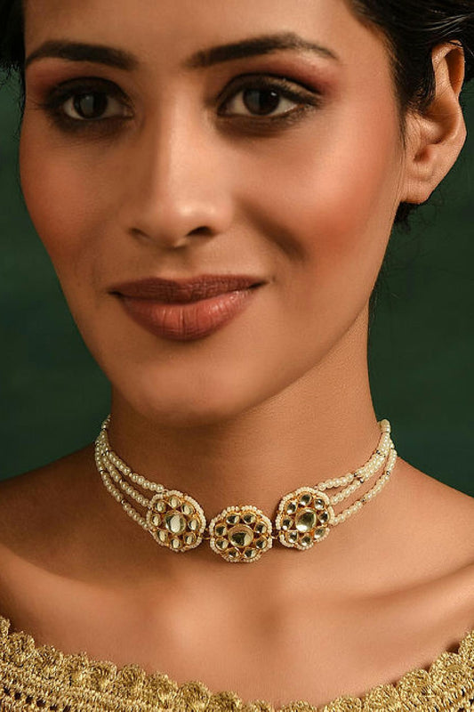 Gold Finish Kundan Polki & Pearl Choker Necklace