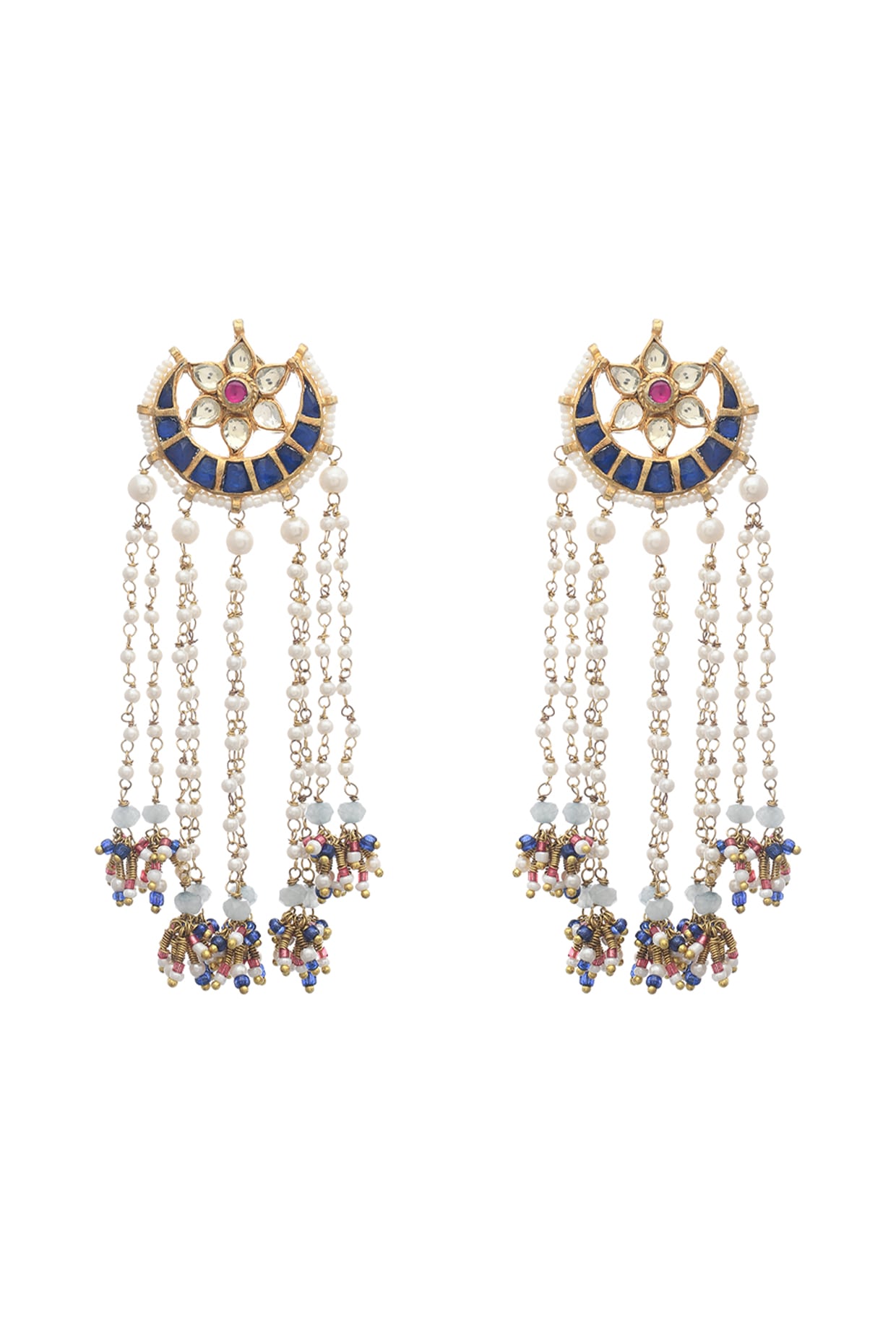 Gold Finish Indigo Kundan Polki & Pearl Dangler Earrings