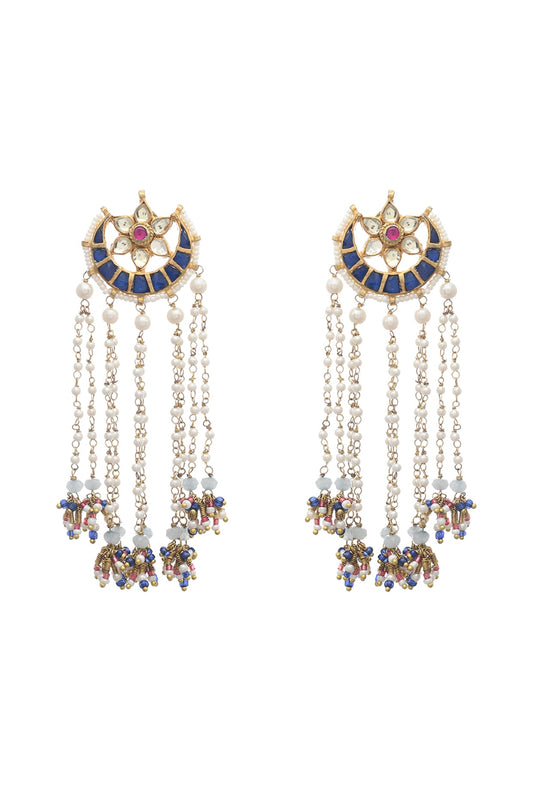 Gold Finish Indigo Kundan Polki & Pearl Dangler Earrings