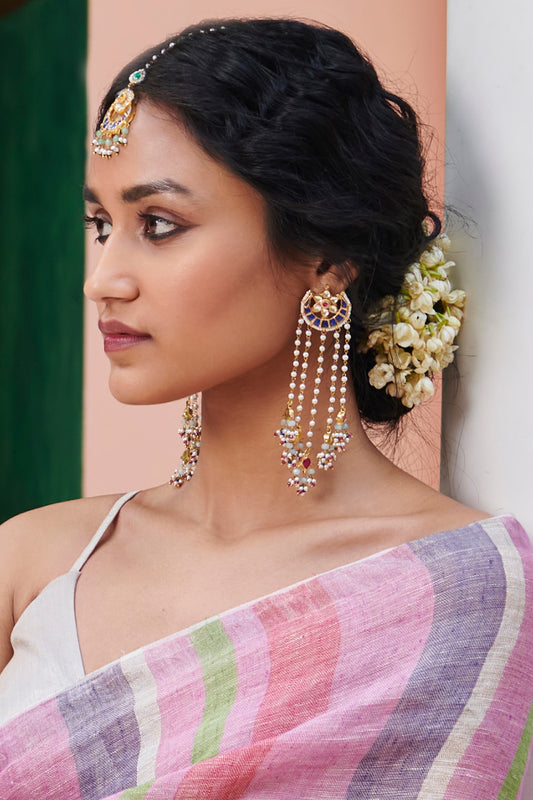 Gold Finish Indigo Kundan Polki & Pearl Dangler Earrings