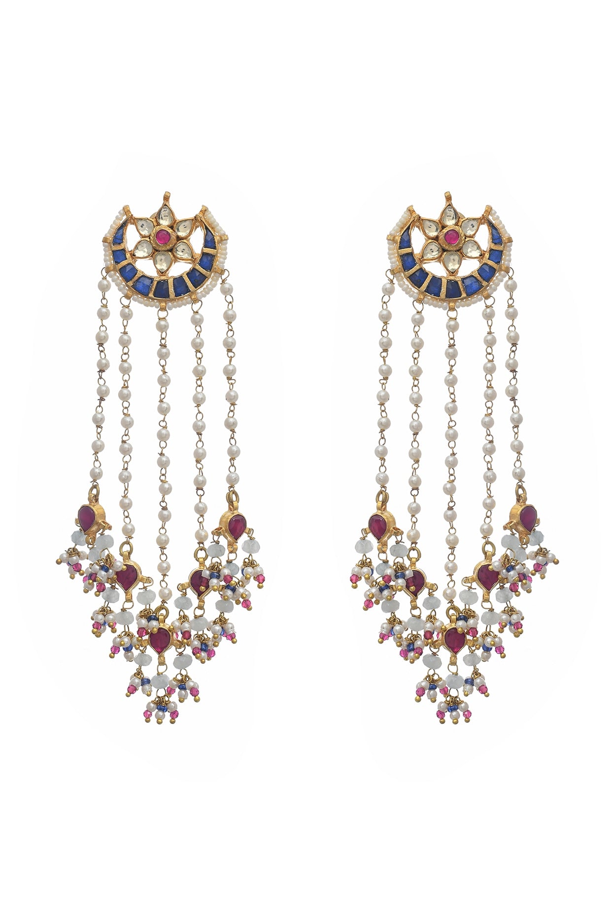 Gold Finish Indigo Kundan Polki & Pearl Dangler Earrings