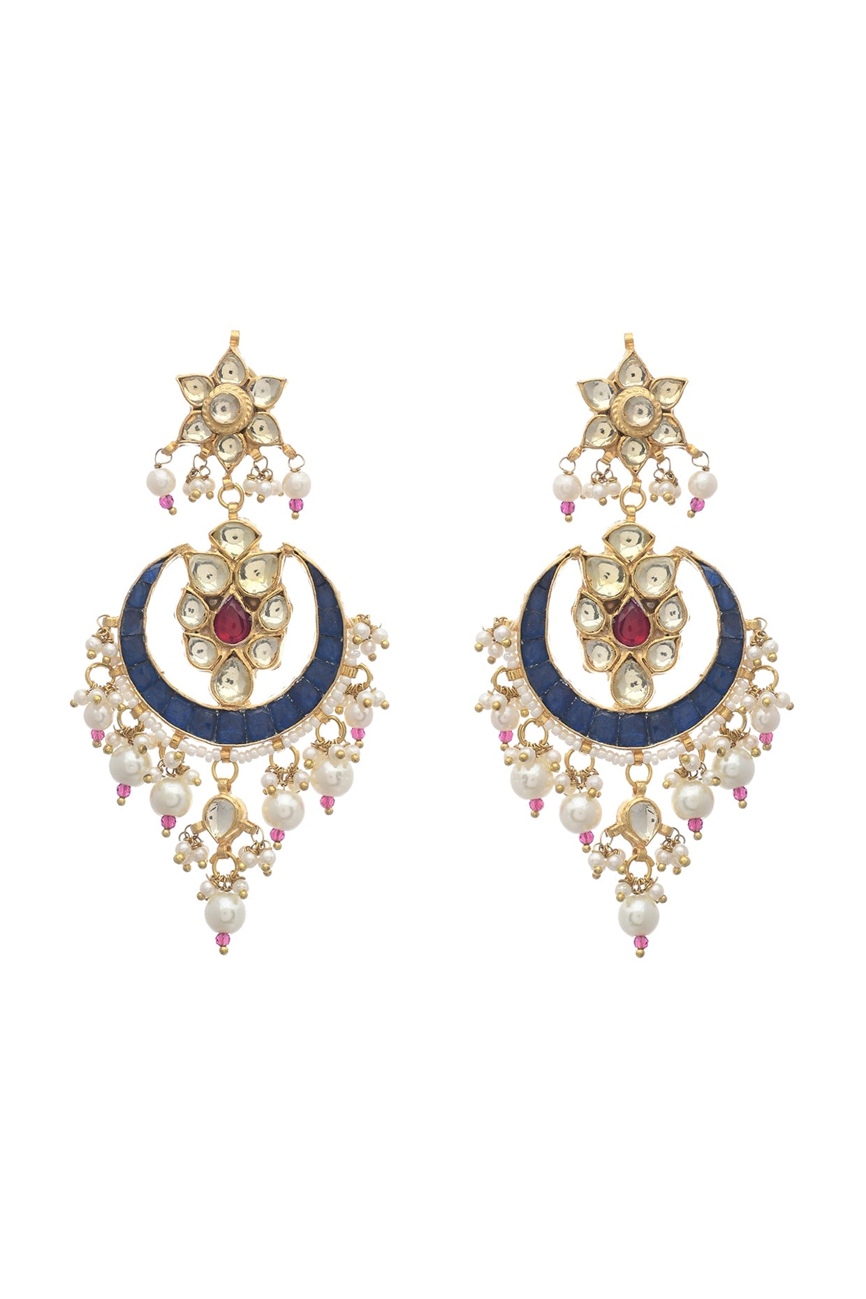 Gold Finish Indigo Kundan Polki & Pearl Dangler Earrings